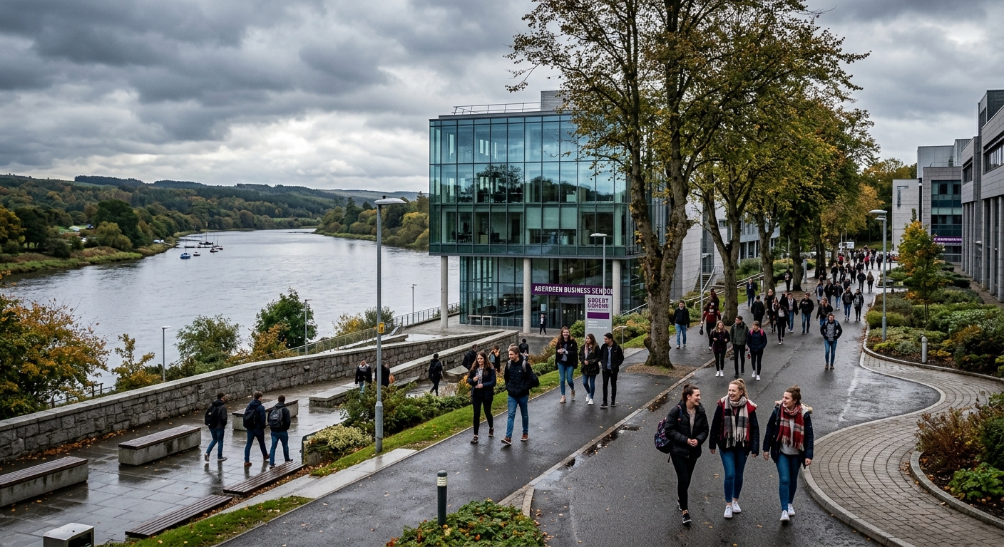 Modern riverside campus of Robert Gordon University in Aberdeen Scotland, glass-fronted Aberdeen Business School building, students walking along tree-lined pathways, River Dee visible in background, overcast Scottish sky
