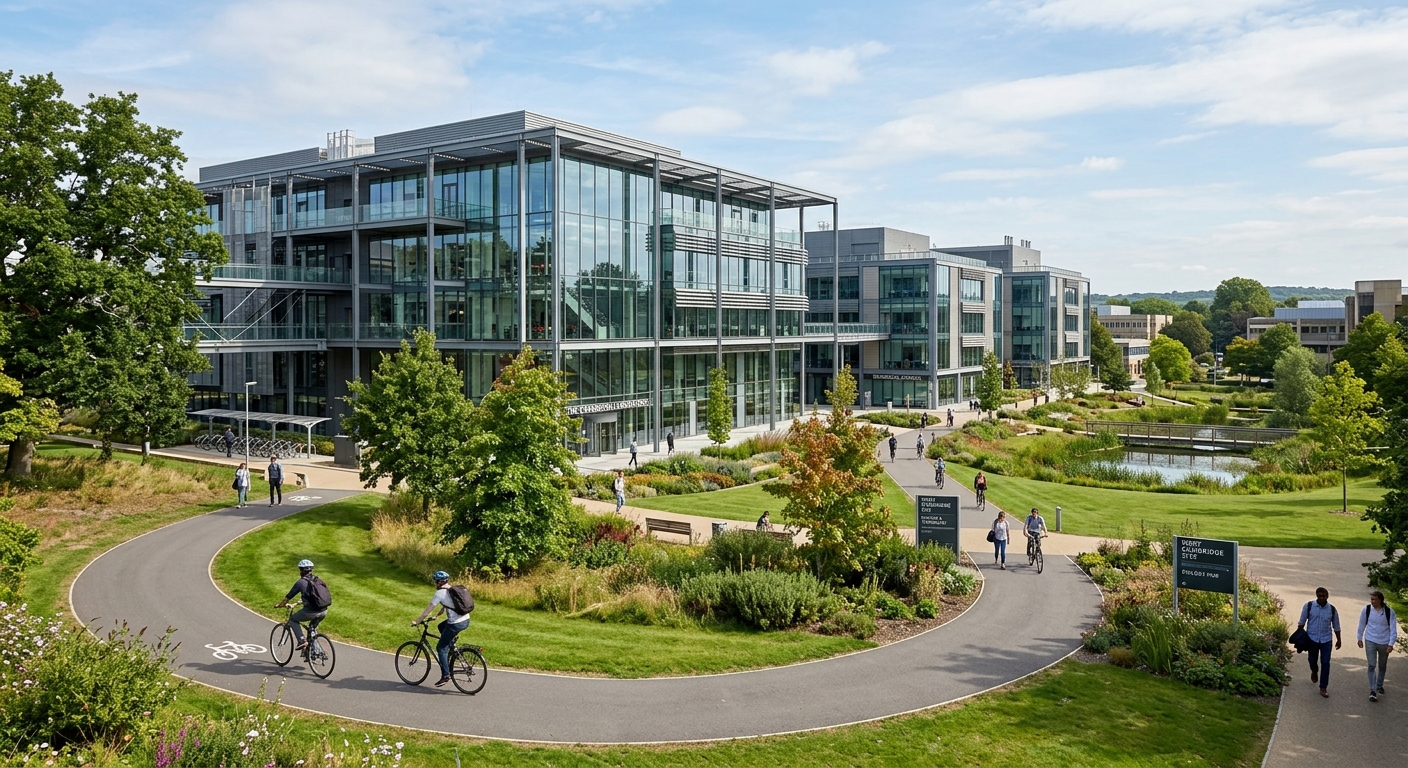 West Cambridge site modern research buildings, glass and steel architecture, landscaped grounds with cycling paths, contemporary scientific facilities