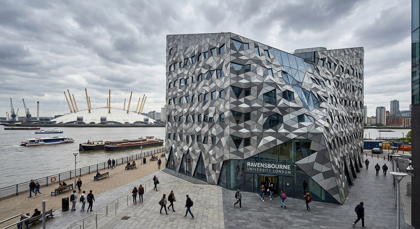 Ravensbourne University London modern geometric campus building on Greenwich Peninsula with the O2 Arena dome visible in background, contemporary tessellated facade, waterfront setting, overcast London sky