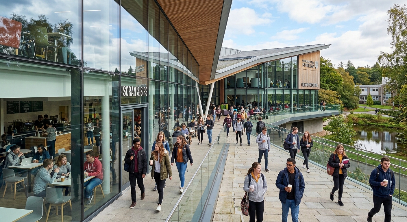 Campus Central building at University of Stirling with modern glass architecture, students walking through collaborative learning spaces and cafes