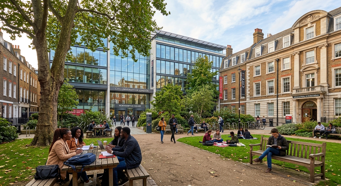 City St George's Clerkenwell campus, Northampton Square, modern university buildings alongside historic architecture, students studying outdoors, green courtyard, Islington London