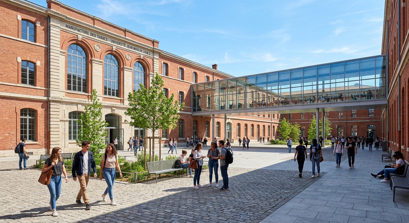 Historic Manufacture des Tabacs campus building of Jean Moulin Lyon 3 University in Lyon, France, with students walking through the courtyard on a sunny day, modern glass additions blending with classic architecture
