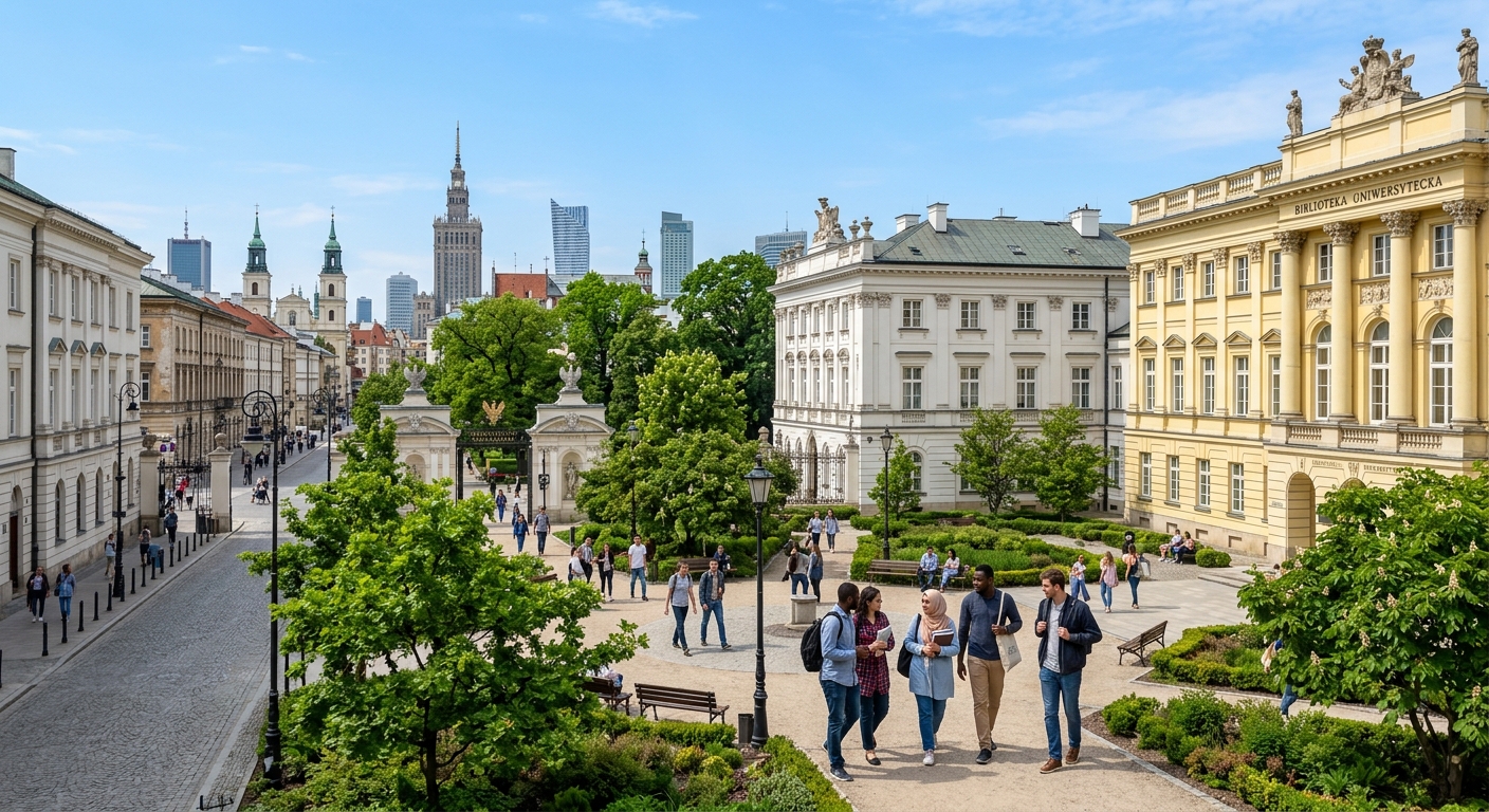 Historic University of Warsaw campus on Krakowskie Przedmiescie street with neoclassical buildings, green courtyard, international students walking among trees, Warsaw cityscape in the background under a clear sky
