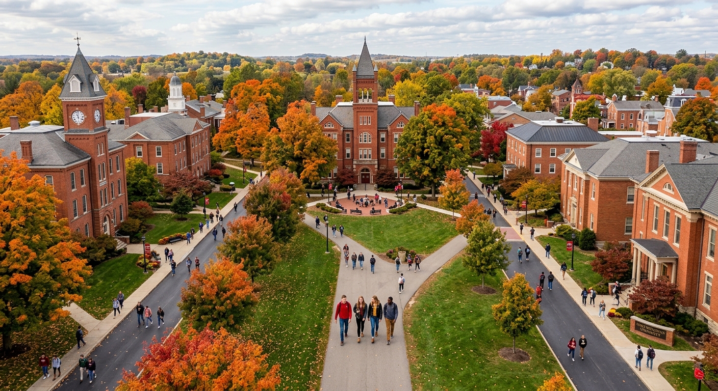 Ohio Wesleyan University campus wide shot featuring historic red brick buildings, tree-lined walkways, green lawns, and students walking across the 200-acre suburban campus in Delaware Ohio with autumn foliage