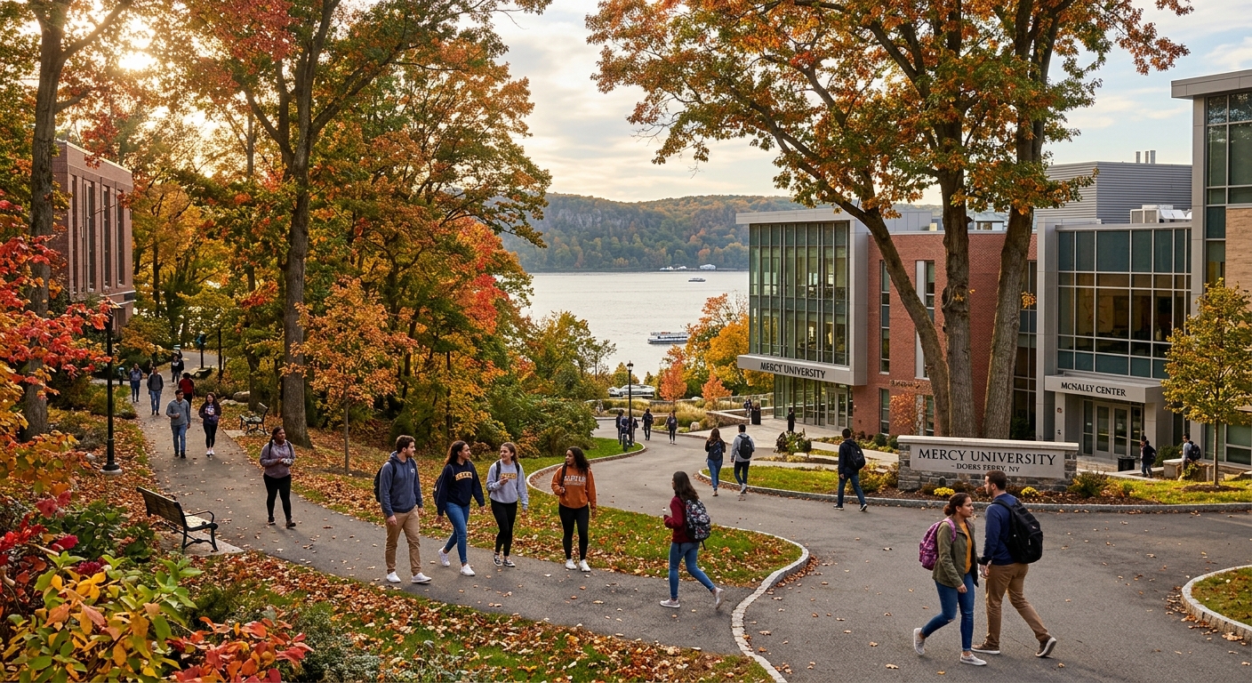 Mercy University campus in Dobbs Ferry New York, modern academic buildings surrounded by trees along the Hudson River, students walking on pathways, warm sunlight filtering through autumn foliage