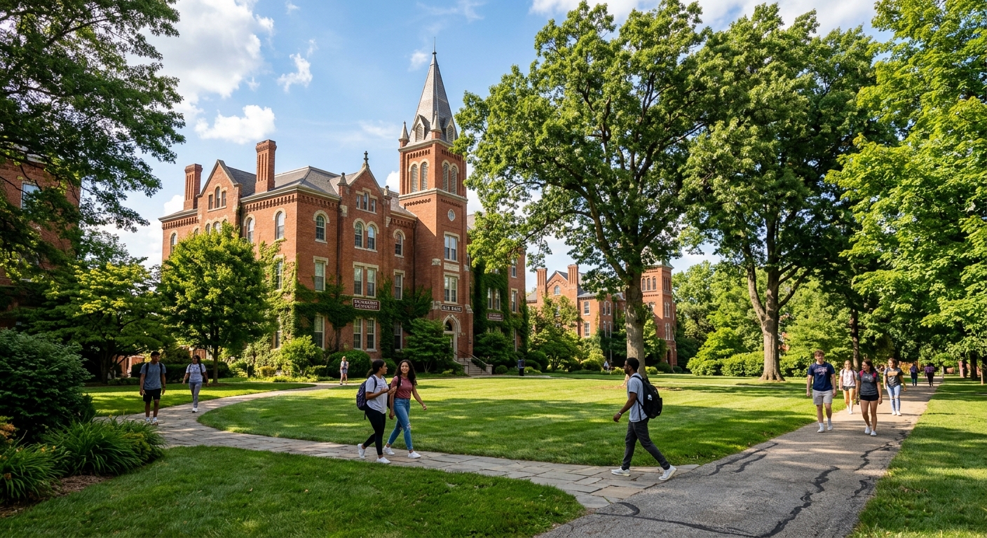 Historic red-brick campus buildings at McKendree University in Lebanon Illinois with mature trees, green lawns, and students walking along pathways on a sunny day