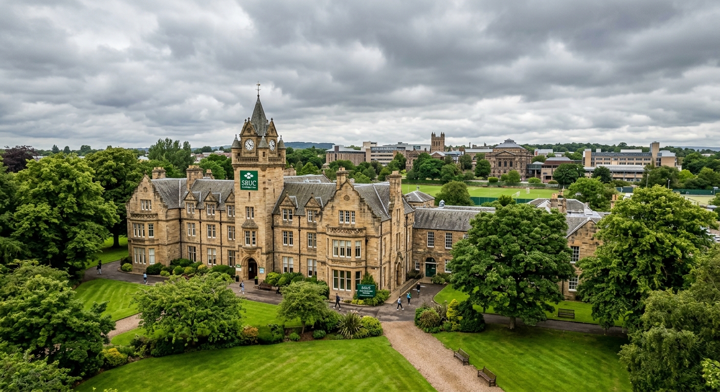 Scotland's Rural College SRUC King's Buildings campus in Edinburgh, historic stone buildings surrounded by green lawns and mature trees, University of Edinburgh campus in background, overcast Scottish sky