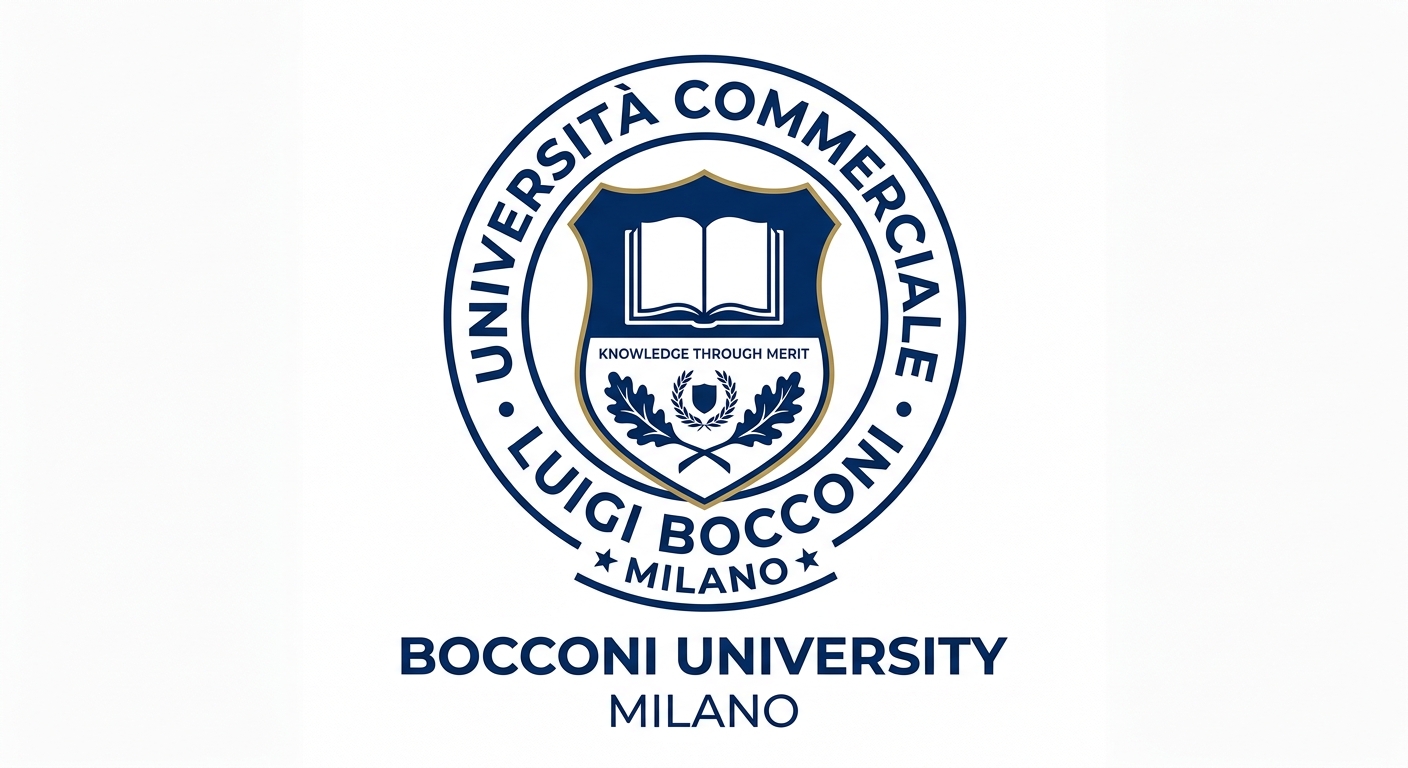 Bocconi University official logo, dark blue shield emblem with the text Universita Commerciale Luigi Bocconi, clean vector style on white background
