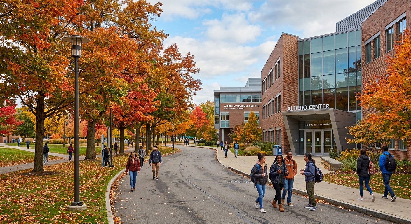 University at Buffalo North Campus with modern Alfiero Center and Jacobs Management Center buildings, students walking on tree-lined pathways, autumn foliage in Western New York setting