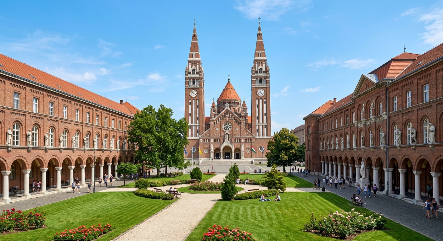 Dóm Square Szeged with Votive Church in background, U-shaped university research buildings, arcaded walkways, green lawns, sunny day