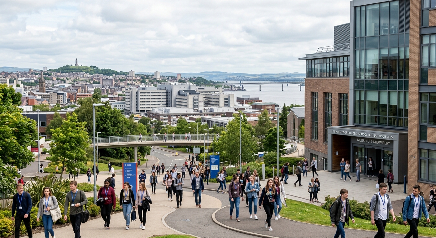 University of Dundee City Campus with modern nursing school building, students walking near Ninewells Hospital, Scottish cityscape in background with River Tay, bright overcast sky typical of Scotland