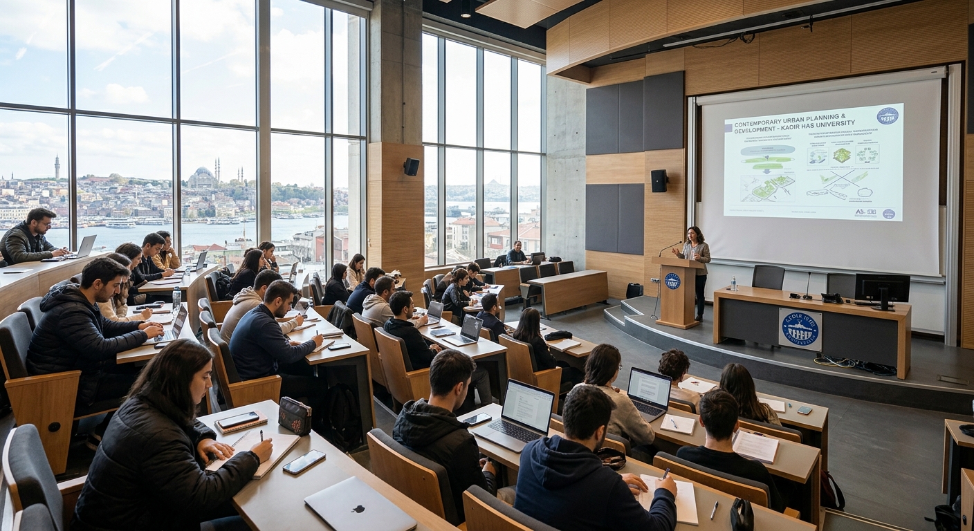 Modern lecture hall and classroom interior at Kadir Has University, contemporary furniture, large windows with natural light, students attending a seminar, technology-equipped teaching space