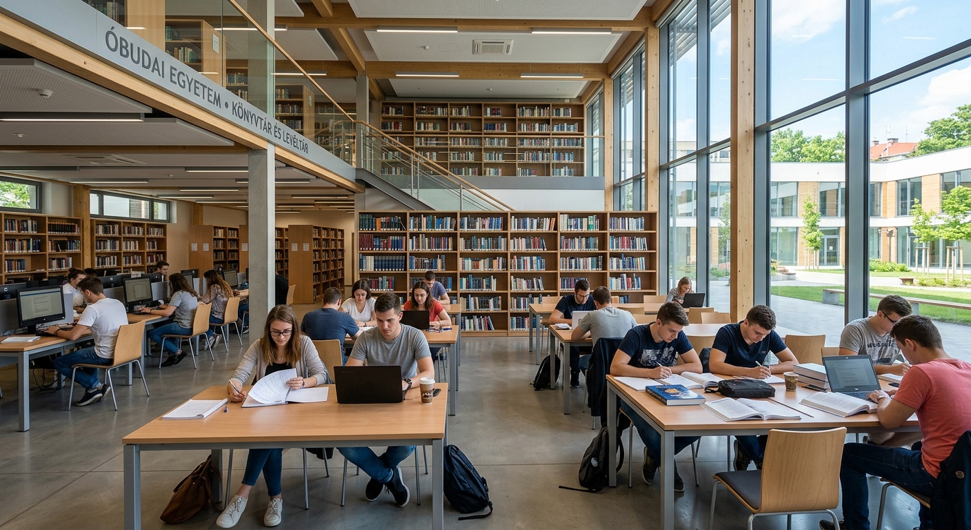 Óbuda University library interior with students studying at modern desks, bookshelves, computer workstations, natural lighting through large windows