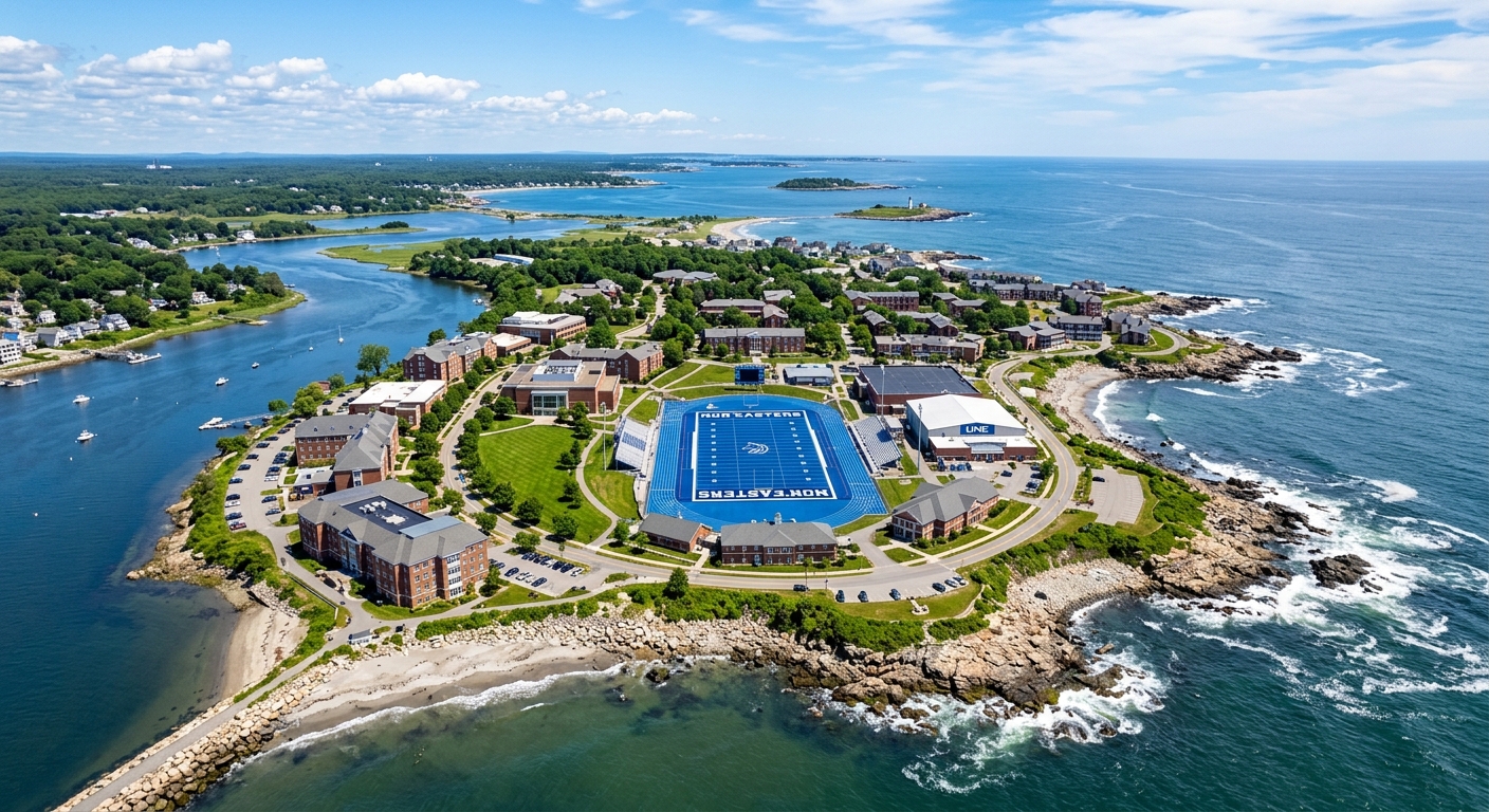 University of New England Biddeford campus wide aerial view, coastal Maine setting with Saco River meeting the Atlantic Ocean, green campus grounds with academic buildings, blue turf athletic field, and rocky shoreline under clear skies