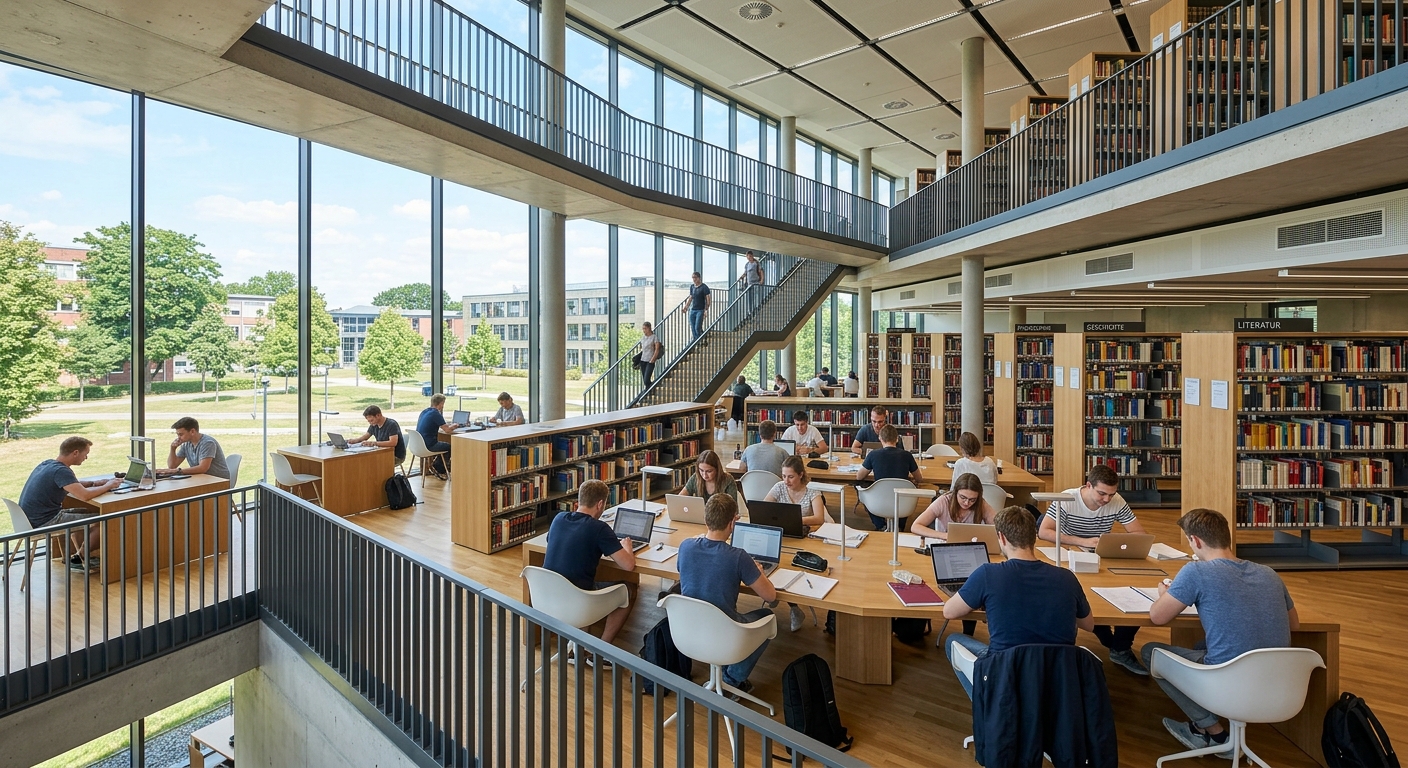 Central university library building at Europa-Universität Flensburg, bright modern interior with study desks and bookshelves
