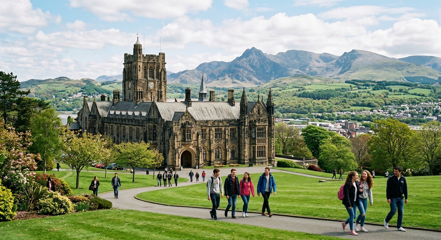 Bangor University main building with historic architecture set against the backdrop of Snowdonia mountains and green Welsh landscape, students walking across campus on a bright day