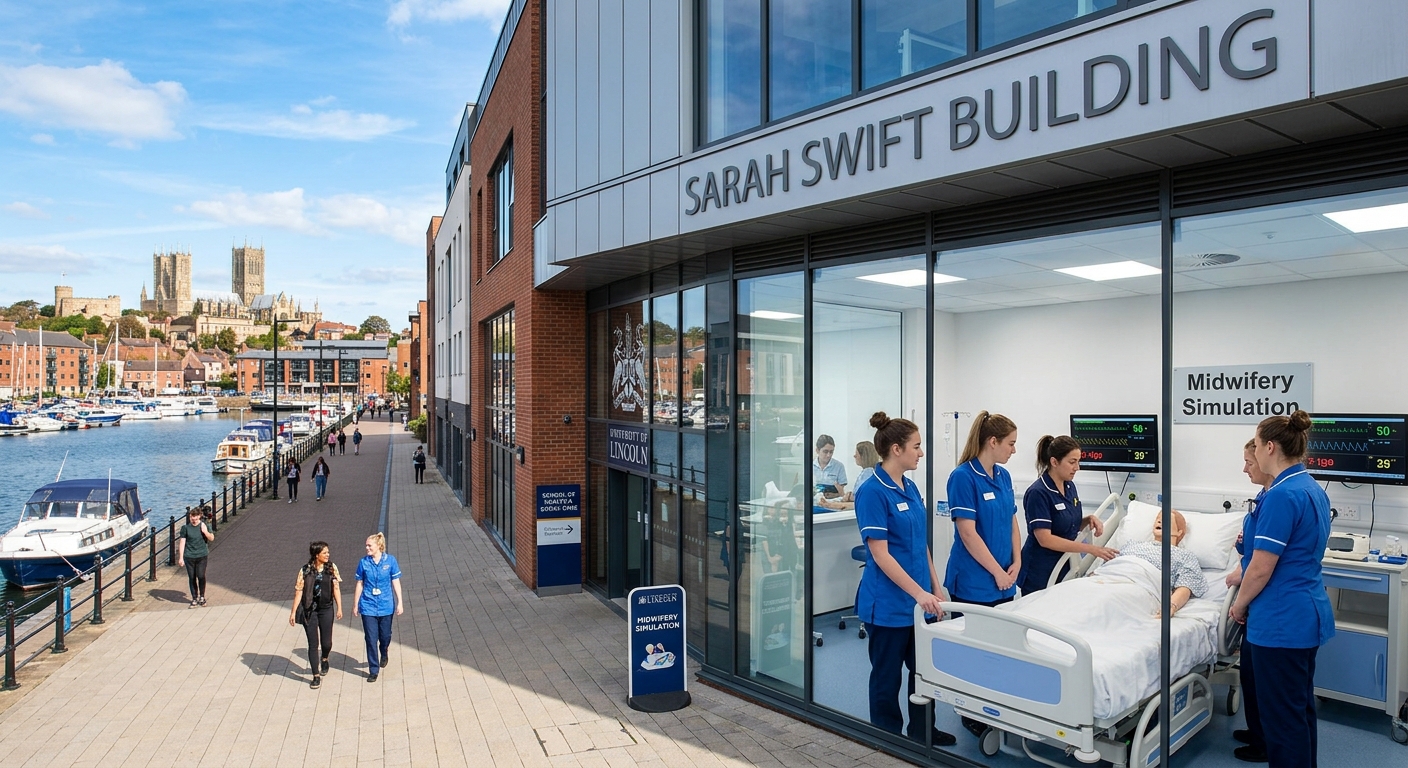 University of Lincoln Sarah Swift Building exterior with modern healthcare teaching facilities, students in clinical simulation suites practicing midwifery skills, Brayford Pool waterfront campus visible in background, bright daylight