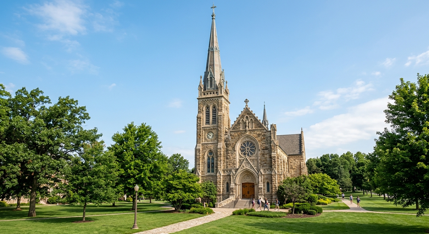 University of Saint Mary Annunciation Chapel exterior, historic stone architecture with tall spire, surrounded by green lawn and mature trees, clear sky