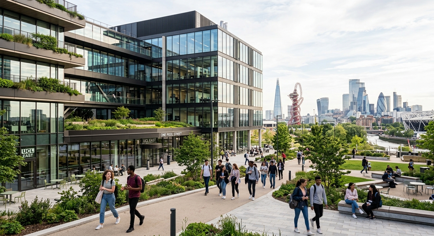 Modern UCL East campus building at Stratford with students walking through open courtyards, innovative architecture with glass facades and green spaces, London skyline in the background