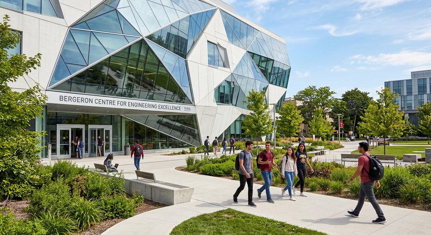 York University Bergeron Centre for Engineering Excellence, angular modern glass and steel building, students walking outside, green landscaping