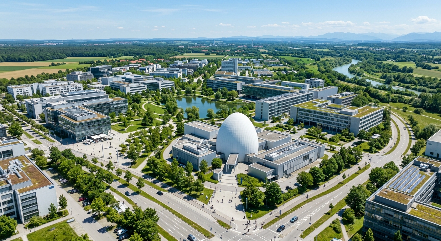 TUM Garching campus aerial view, modern research buildings and laboratories, large green spaces, the distinctive egg-shaped FRM II research reactor dome visible, clear day