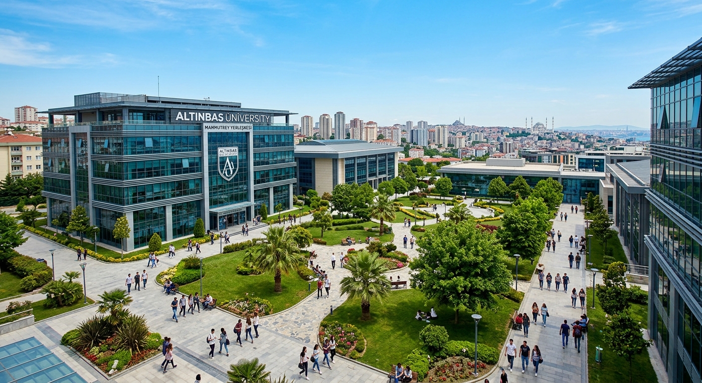 Altinbas University Mahmutbey campus wide-angle view, modern glass and steel buildings, landscaped courtyard with students walking, Istanbul skyline in background, clear blue sky