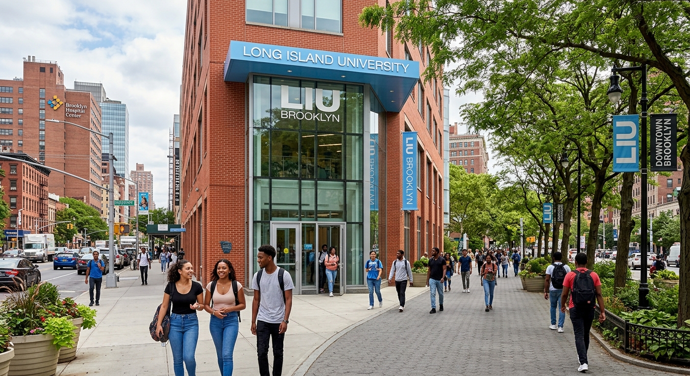 Long Island University Brooklyn main campus building exterior with modern glass entrance and red brick facade, students walking on tree-lined pathways, Downtown Brooklyn urban setting