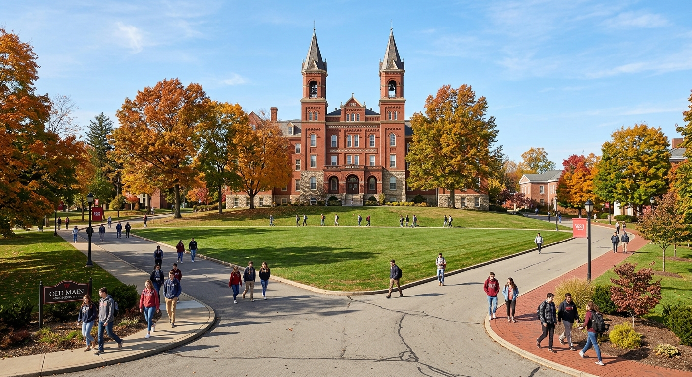 Washington and Jefferson College campus wide shot featuring historic Old Main building with twin towers, red brick Federal and Victorian-style architecture, green lawns, mature trees, and students walking along pathways on a sunny autumn day in Washington Pennsylvania