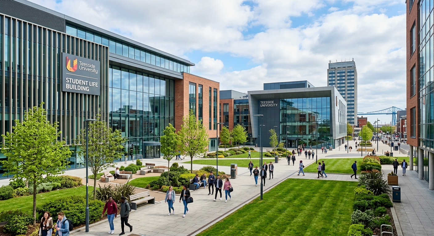 Teesside University campus in Middlesbrough, modern university buildings with glass facades, students walking through the town-centre campus, green landscaping and contemporary architecture under a partly cloudy English sky