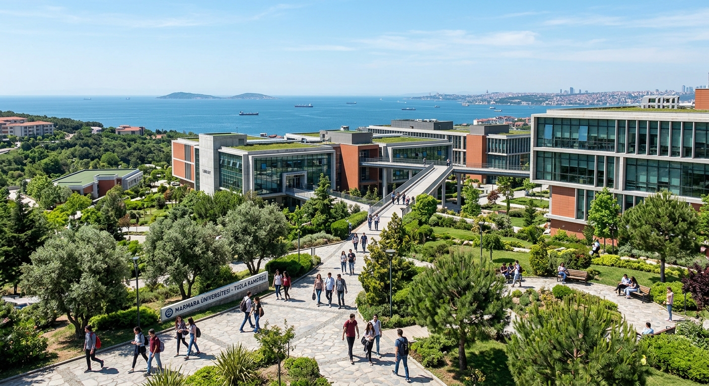 Modern university campus building overlooking the Sea of Marmara in Tuzla Istanbul, green campus environment with students walking between interconnected academic blocks, clear sky background