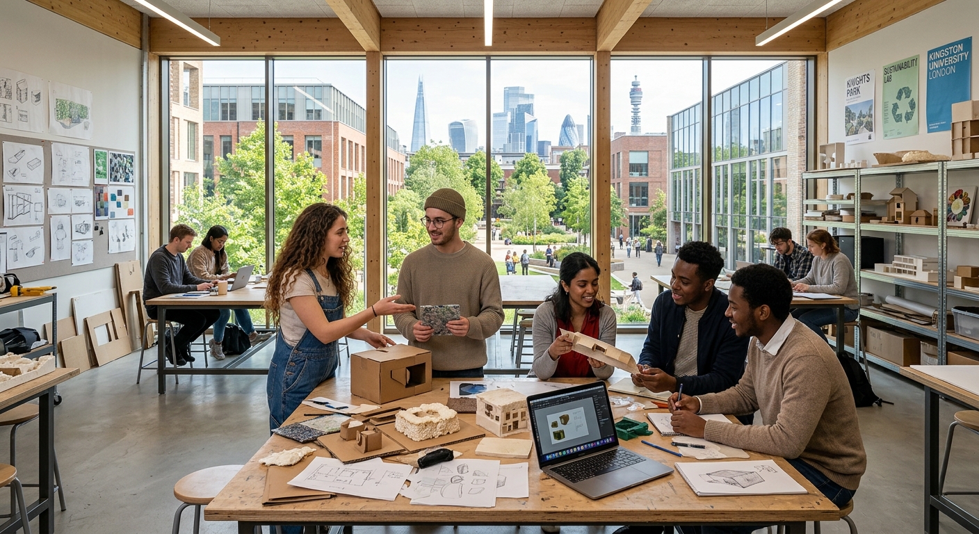 Kingston University Knights Park campus with design students collaborating in a bright studio space, sustainable materials and prototypes on work tables, large windows overlooking green courtyard, London skyline in background