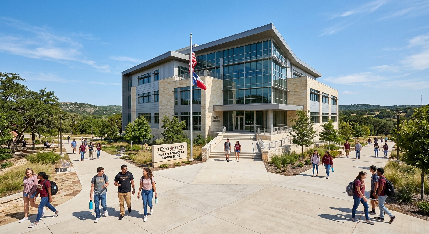Texas State University Ingram School of Engineering building exterior with students walking on campus, modern engineering facility surrounded by Texas Hill Country landscape, clear blue sky