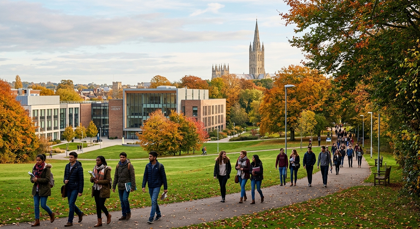 University of Kent Canterbury campus with historic cathedral spire visible in background, green parkland setting with modern academic buildings, students walking along tree-lined pathways in autumn light