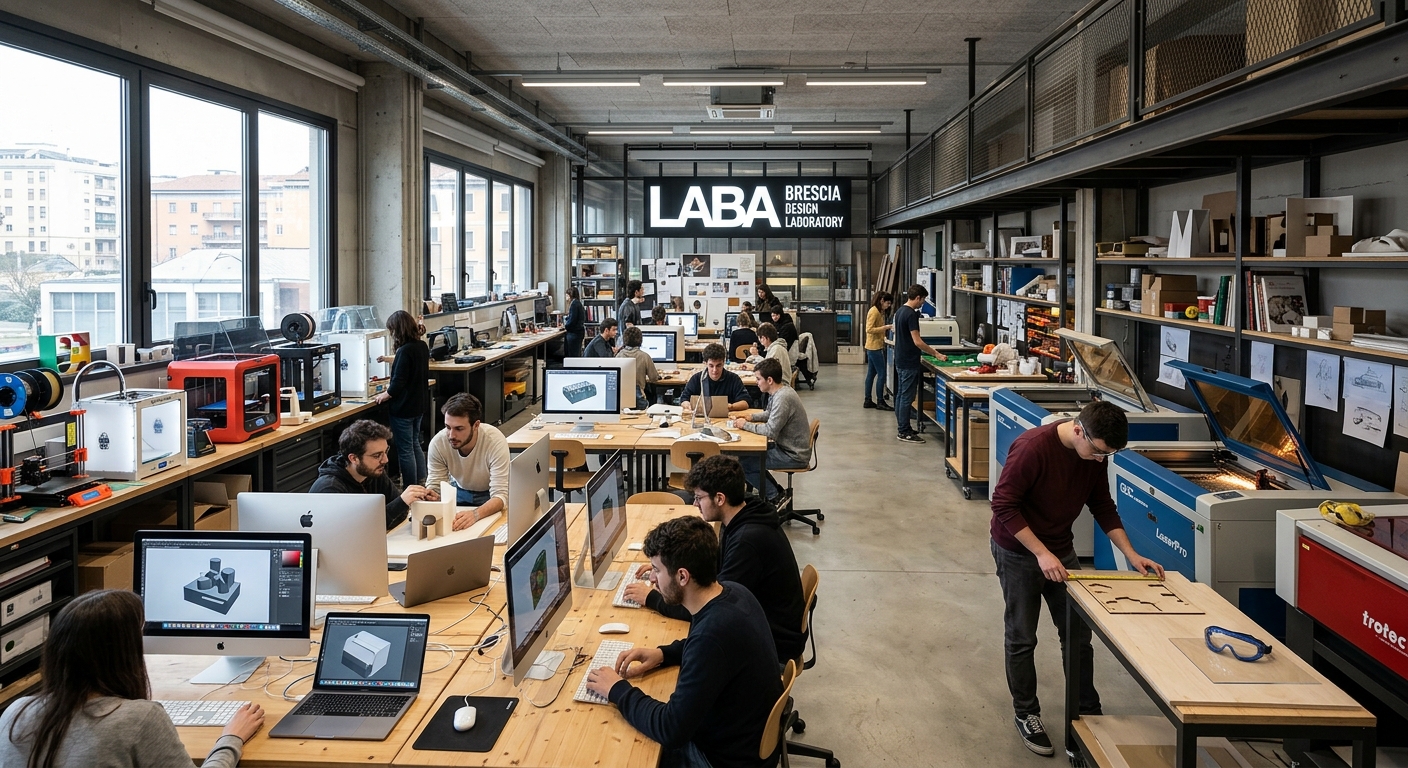 LABA Brescia design laboratory interior with Mac workstations, 3D printers, laser cutting equipment, students working on creative projects in a modern open space
