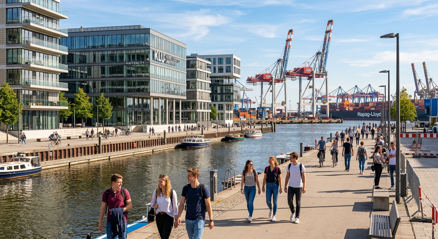Hamburg HafenCity waterfront promenade near KLU campus, modern buildings along canal, students walking, sunny day with harbor cranes in background