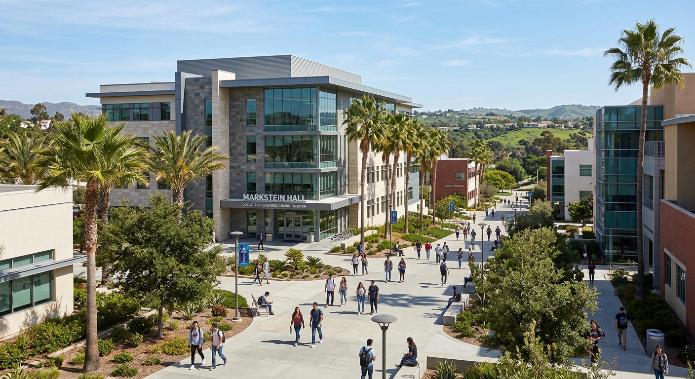 California State University San Marcos campus with modern business administration building, palm trees, sunny Southern California suburban setting, students walking on pathways between lecture halls