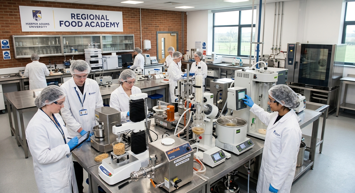 Harper Adams University Regional Food Academy, modern food science laboratory, students in white coats working with food processing equipment