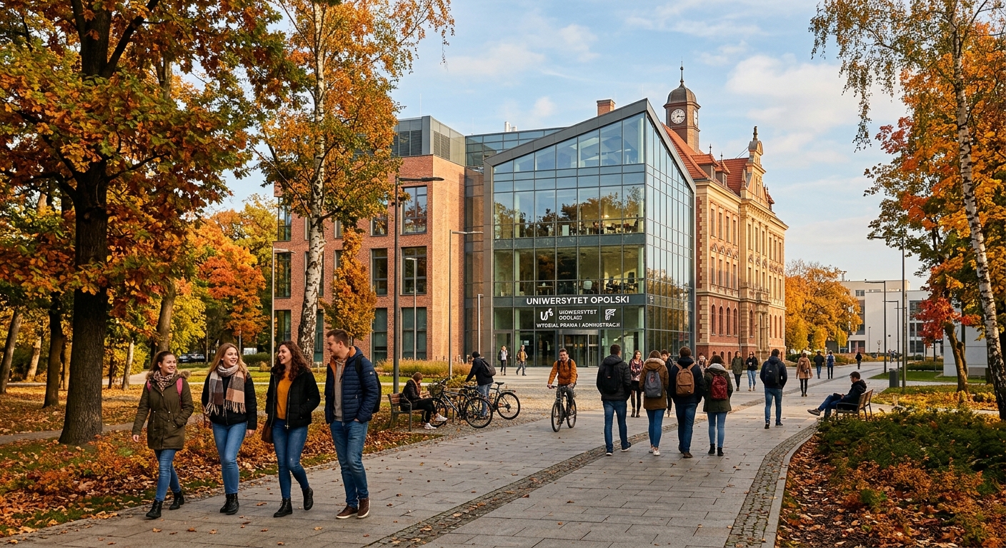 Modern university campus building in Opole, Poland with students walking along tree-lined pathways, warm autumn light, European architecture blending classic and contemporary design elements