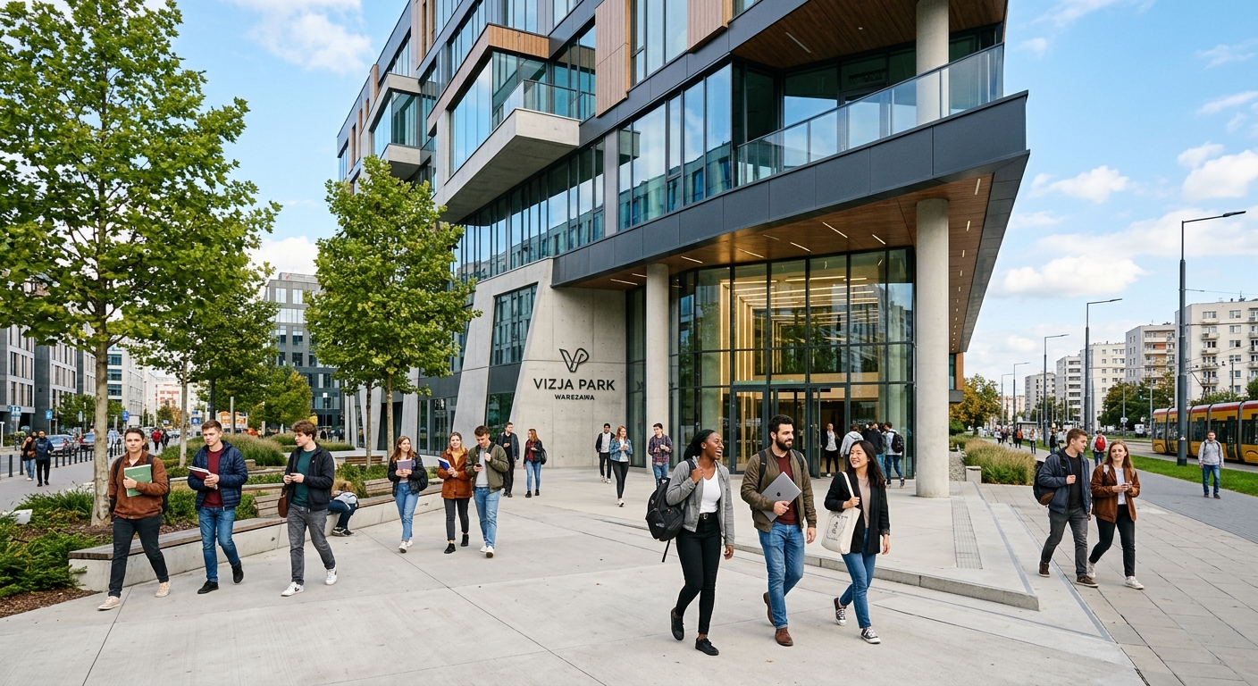 Modern Vizja Park campus building in Warsaw Poland with glass facade, international students walking through entrance plaza, urban setting with trees and contemporary architecture