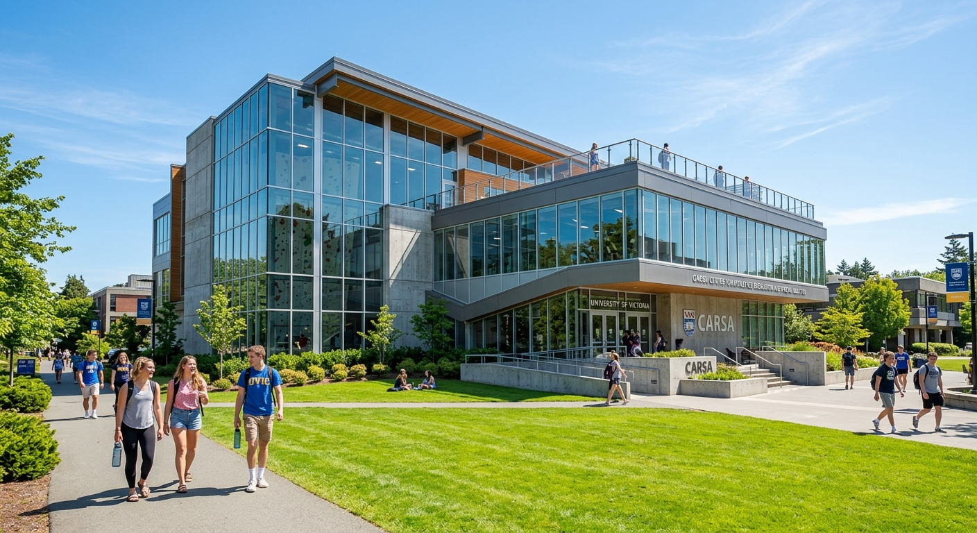 CARSA building at University of Victoria, modern glass and concrete athletics centre with students walking outside on a sunny day, green lawns in foreground