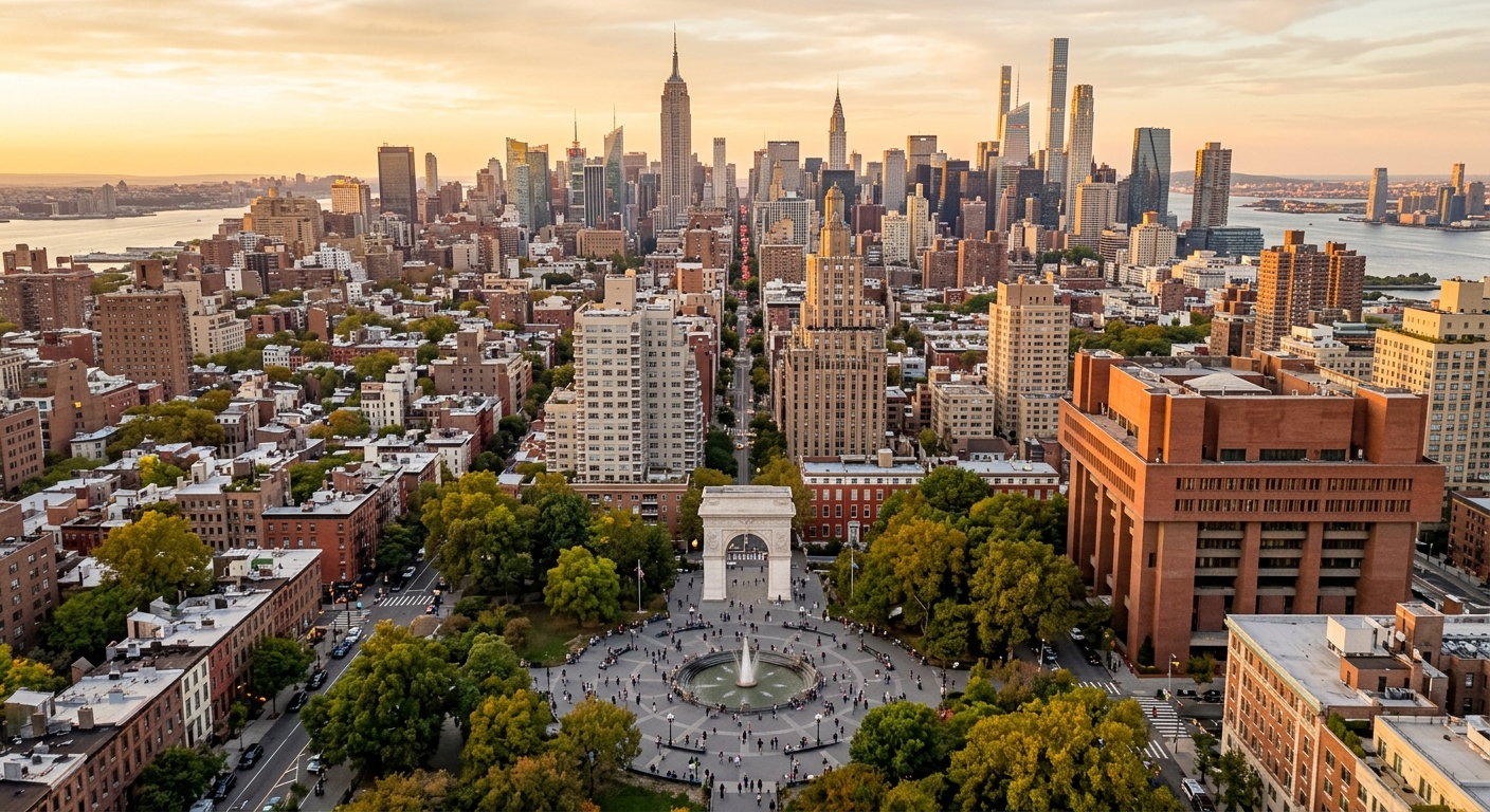 Aerial view of NYU Washington Square campus in Greenwich Village, iconic Washington Square Arch in foreground, Bobst Library and surrounding academic buildings, Manhattan skyline in background, warm golden hour lighting