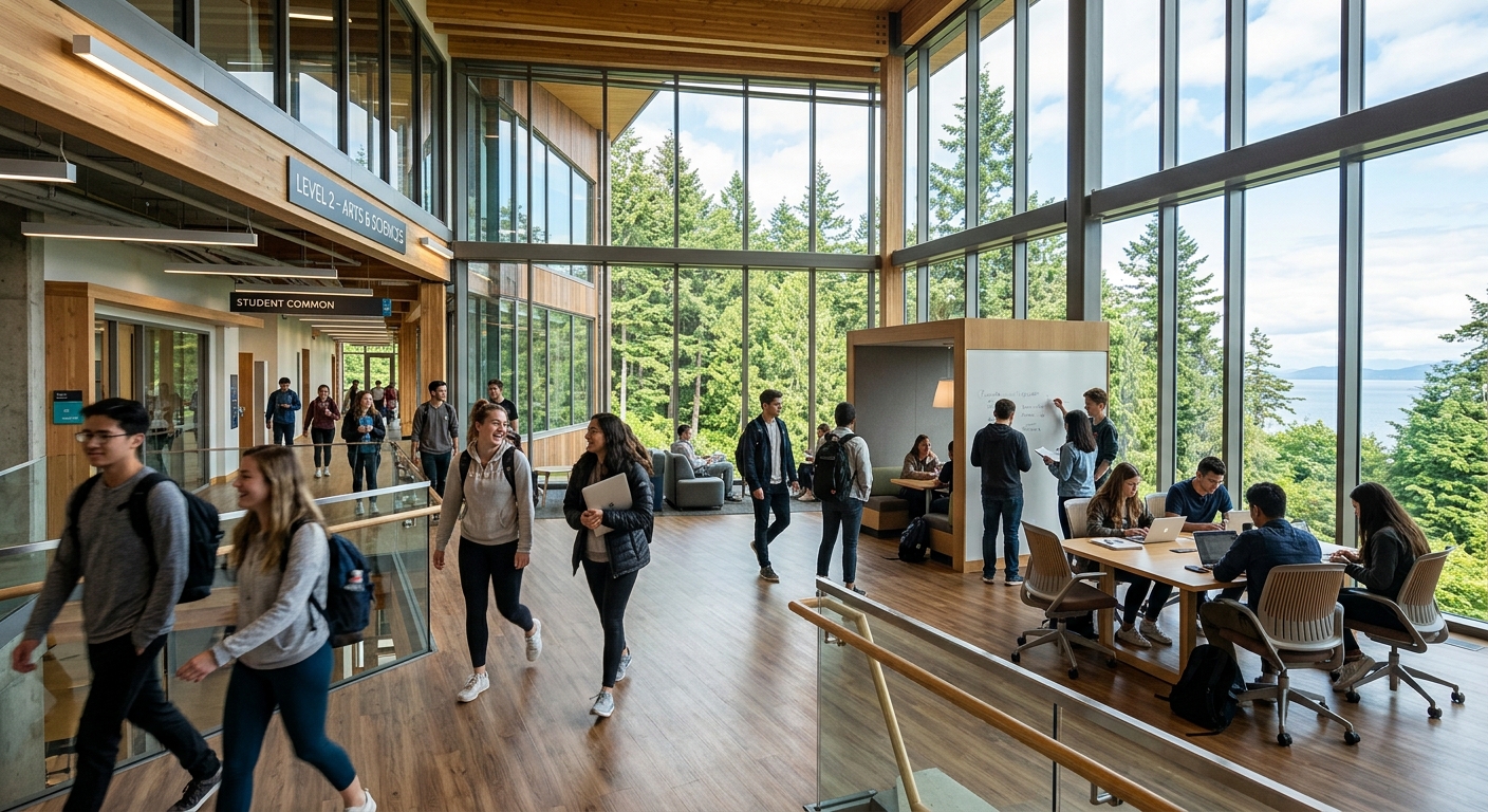 Modern university campus building at Royal Roads University Langford campus, students walking through bright corridors with large windows overlooking lush green forests and Pacific Northwest landscape, collaborative learning spaces visible