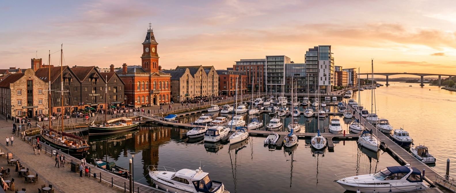Ipswich Waterfront panoramic view, historic dock buildings alongside modern developments, boats moored in marina, River Orwell, Suffolk England, golden hour lighting