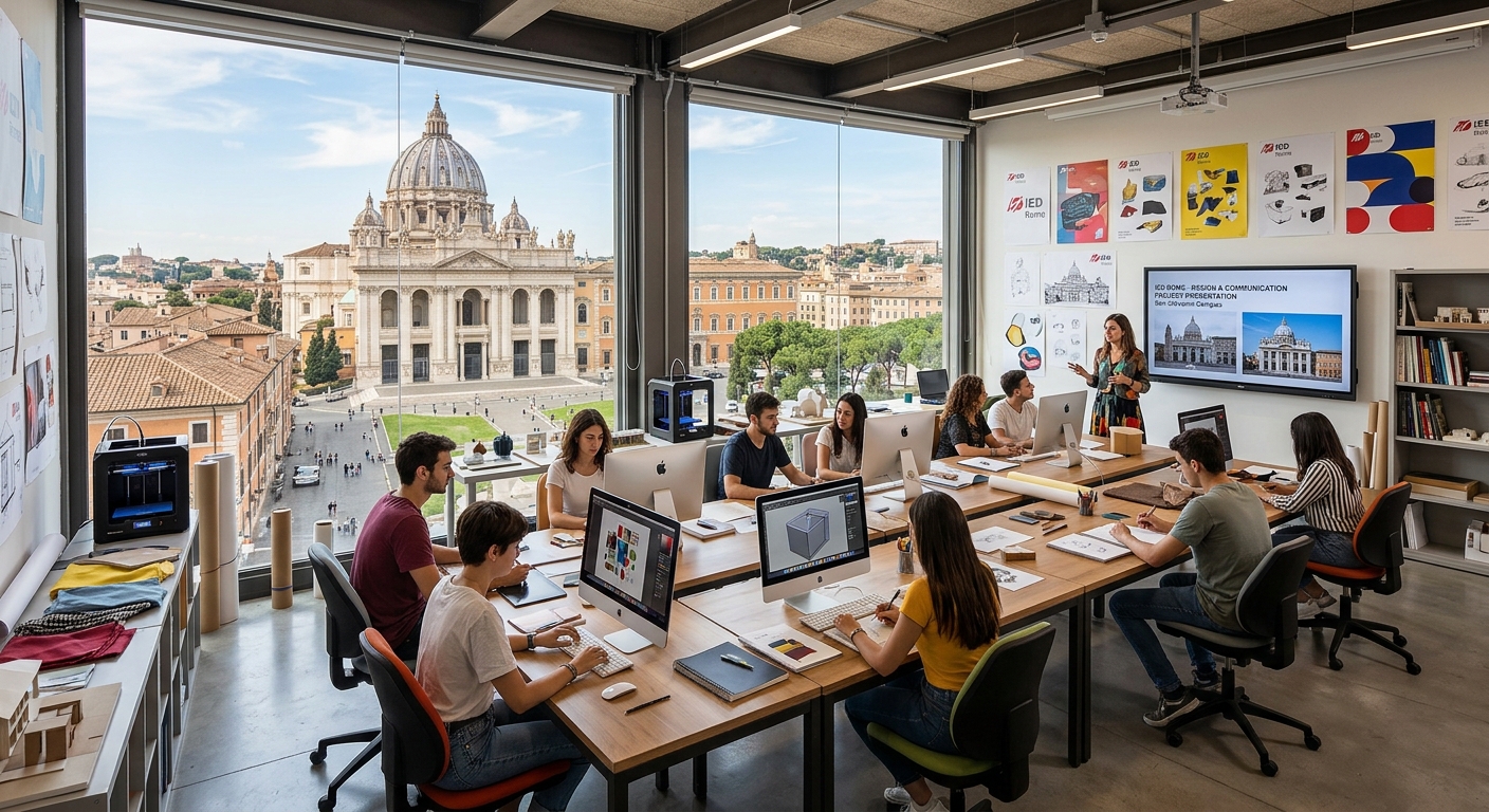 IED Rome San Giovanni campus near the Basilica of San Giovanni in Laterano, modern classroom interior with design equipment, large windows with Roman cityscape view