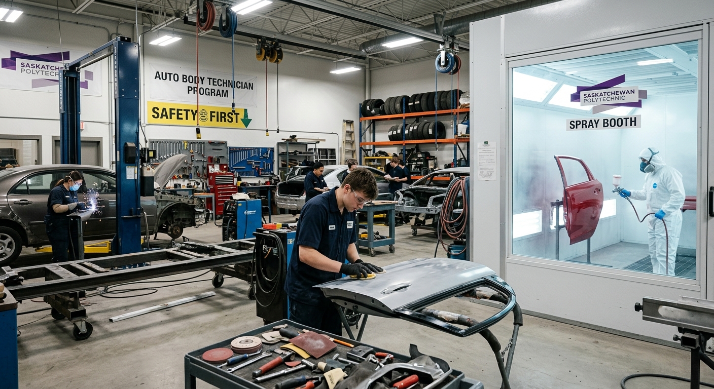 Saskatchewan Polytechnic auto body shop with students working on vehicle repair, spray painting booth visible, well-equipped workshop with tools and car frames, bright industrial lighting