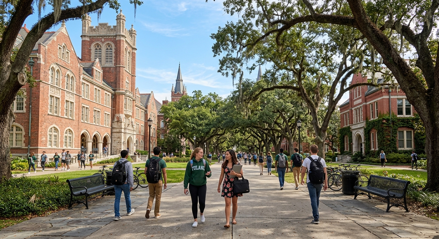 Tulane University campus in New Orleans with iconic oak trees lining the walkways, historic collegiate Gothic architecture, students walking between red-brick buildings under a clear blue sky