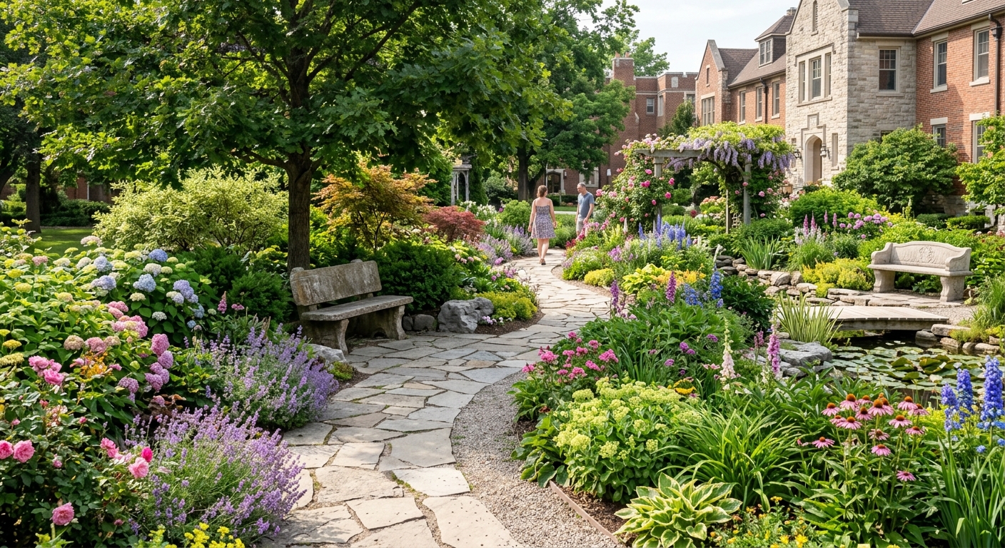 Beryl Ivey Garden at Brescia University College, beautifully landscaped garden with flowering plants, walking paths, stone benches, peaceful atmosphere