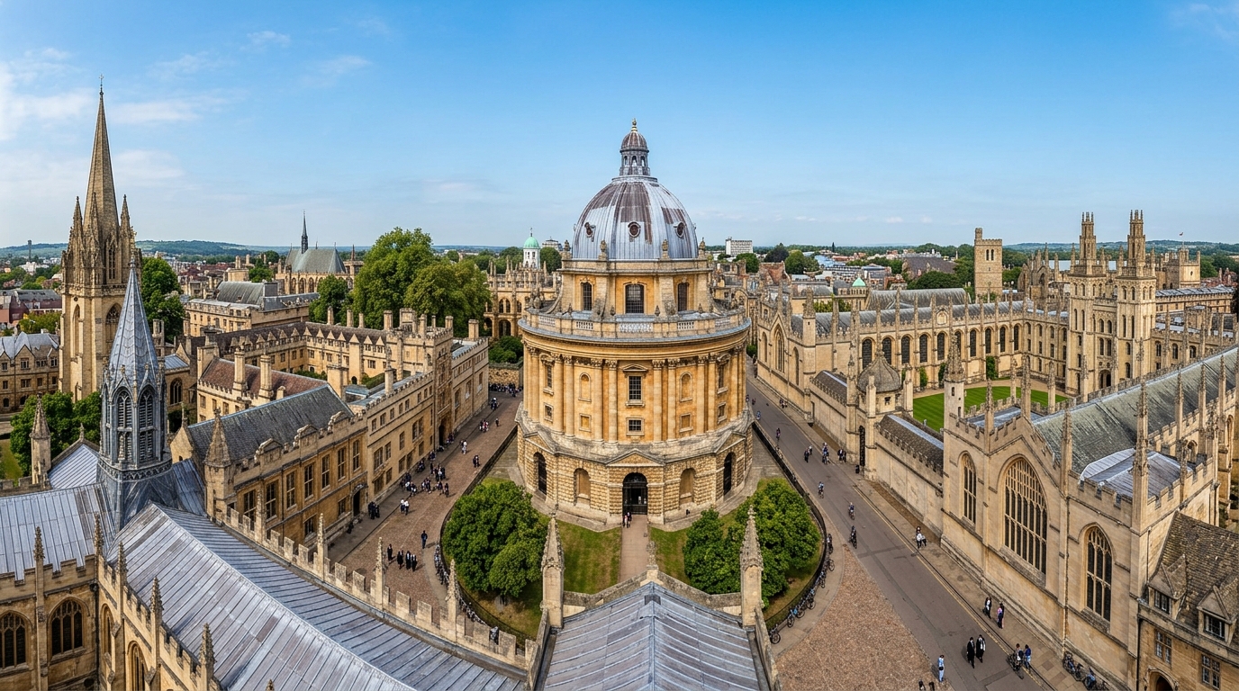 University of Oxford panoramic view showing the Radcliffe Camera dome, Bodleian Library, and surrounding Gothic spires and quadrangles under a clear blue sky, historic limestone buildings lining cobblestone streets