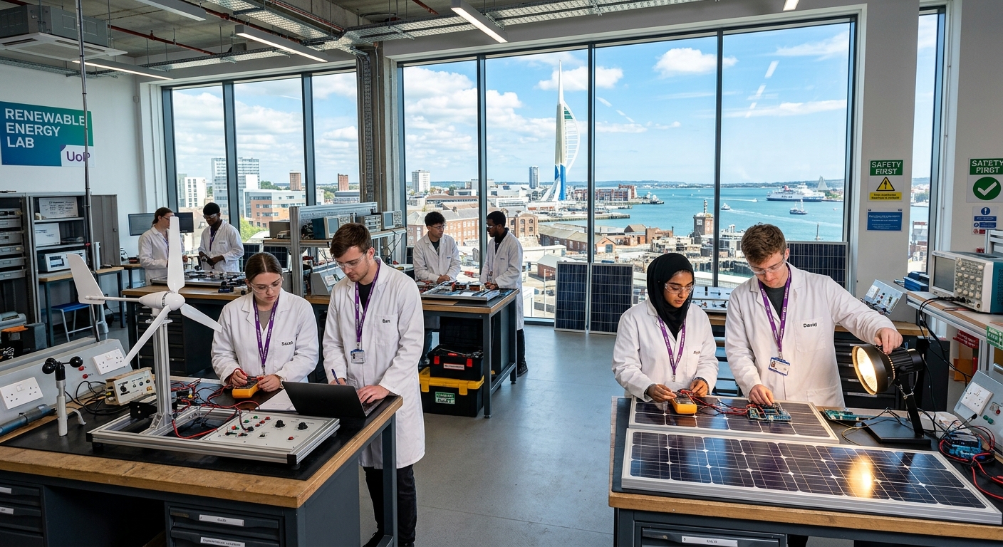 Modern engineering laboratory at University of Portsmouth with students working on solar panels and wind turbine models, bright coastal city campus visible through large windows, renewable energy equipment and testing stations in foreground