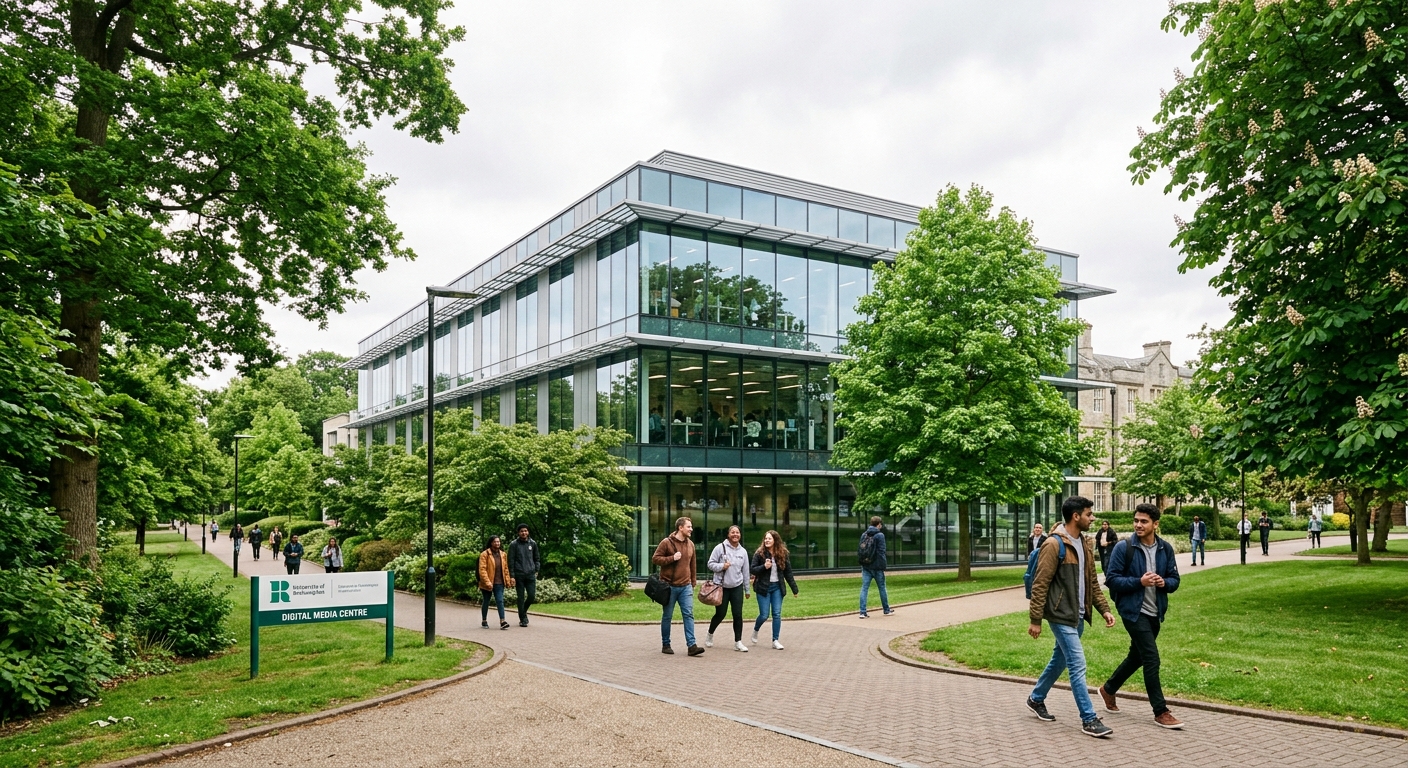 University of Roehampton parkland campus in southwest London, modern digital media centre building with glass facade, green trees and students walking on pathways, bright overcast sky typical of London